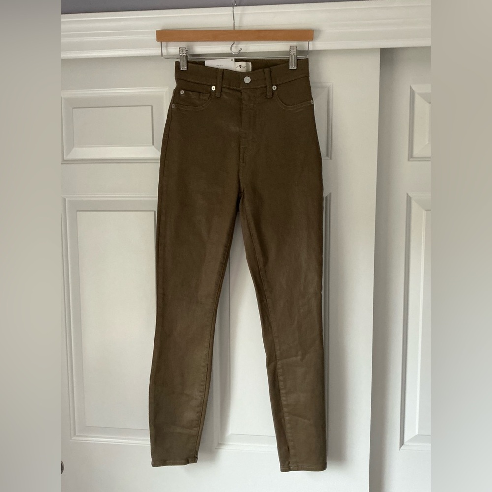 7 For All Man Kind Olive Coated High Waist Ankle Super Skinny Jeans 25